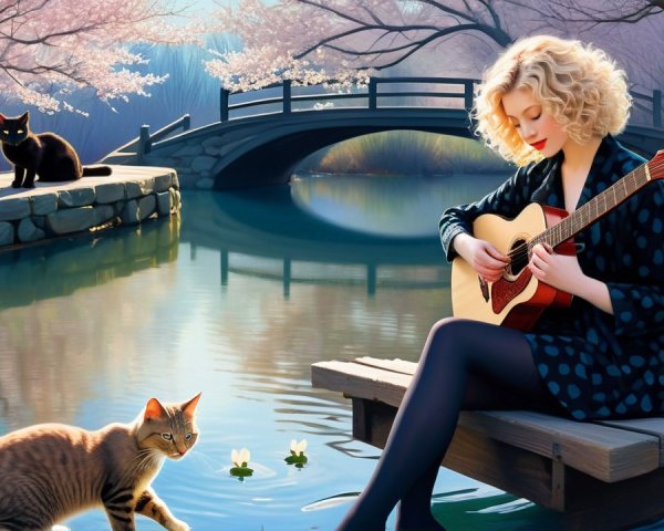 Serene Pond Scene with Woman and Cats on Dock