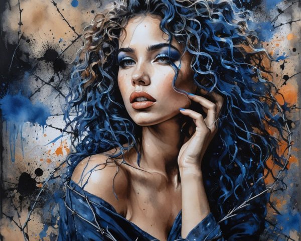 Portrait of a Woman with Blue Hair and Bold Makeup