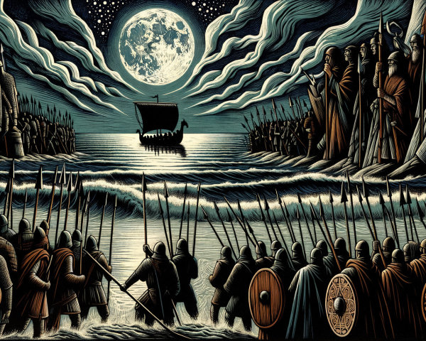 Dramatic Night Scene with Warriors and Seafaring Vessel
