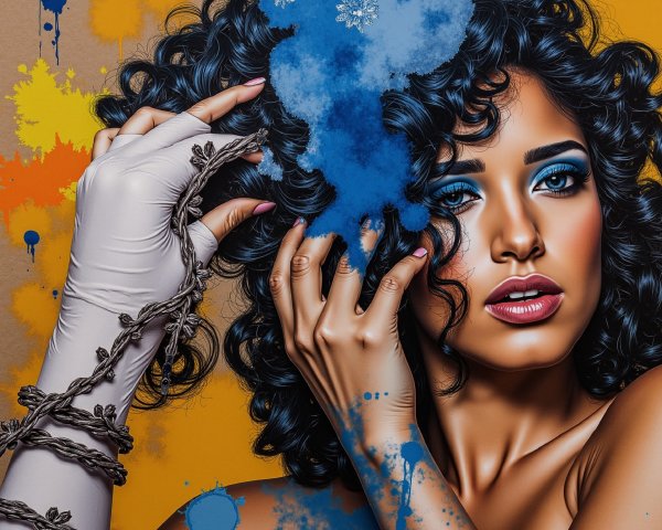 Portrait of a woman with curly hair and bold makeup