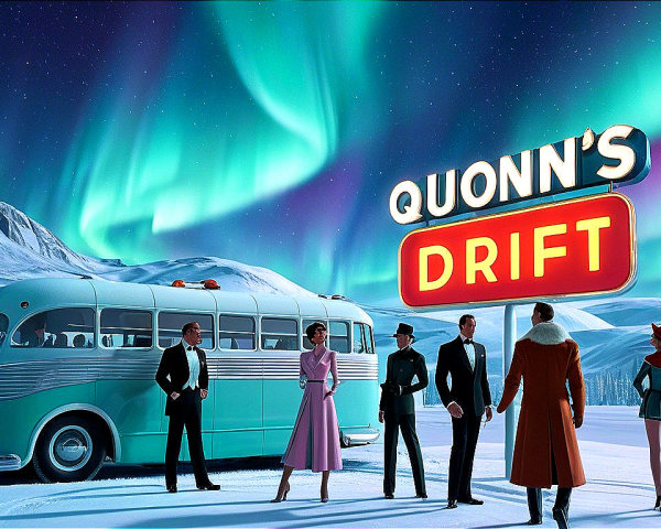 Vintage Gathering in Snowy Landscape with Northern Lights