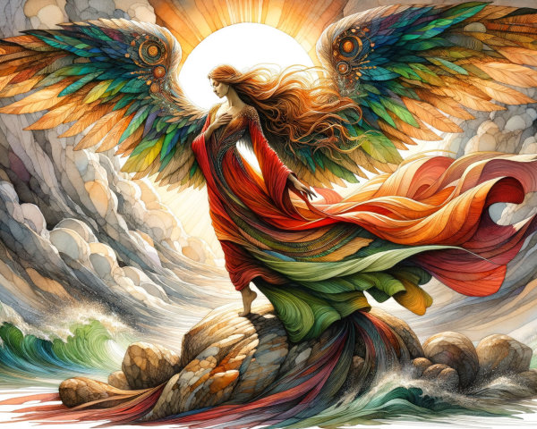 Majestic figure with colorful wings on rocky shore