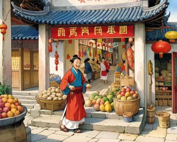 Vibrant Market Scene in Ancient Chinese Town