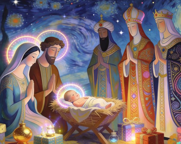 Impressionistic Stained-Glass Nativity Scene Painting
