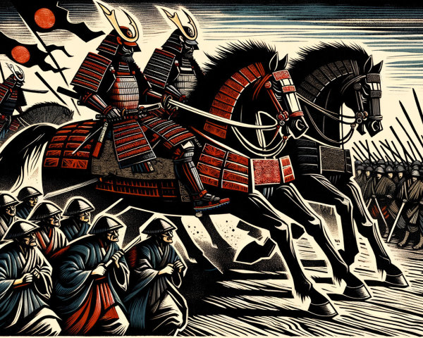 Armored Samurai on Horseback in Battle Charge Scene