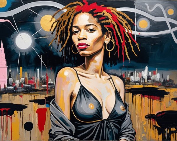 Portrait of a Woman with Red Dreadlocks and Skyline