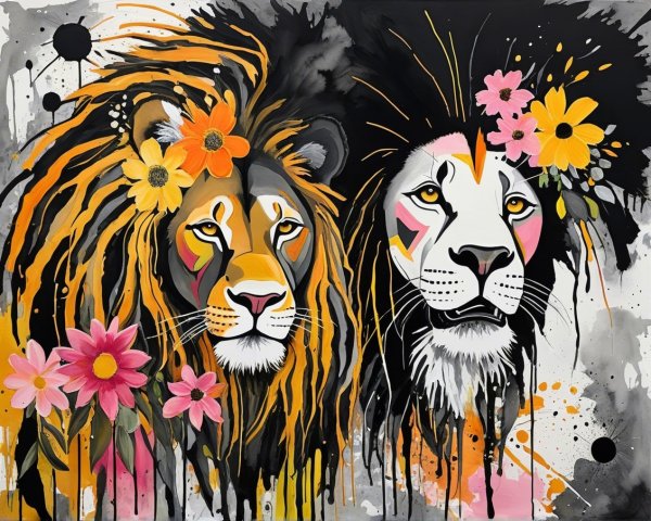 Lions with Colorful Manes and Floral Accents