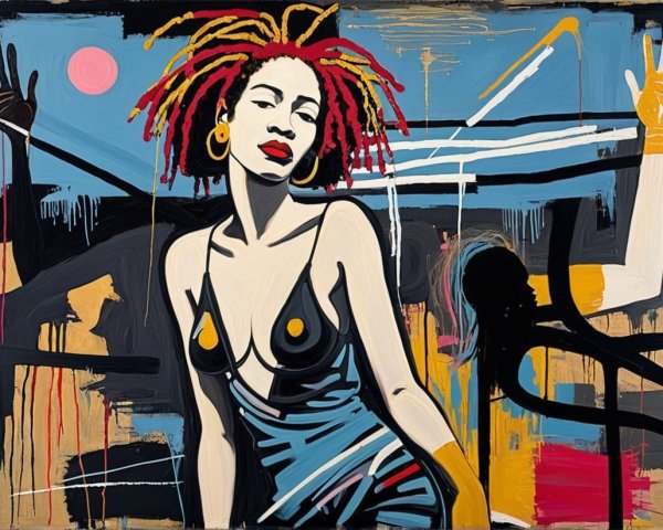 Stylized Female Figure with Red Hair and Abstract Background