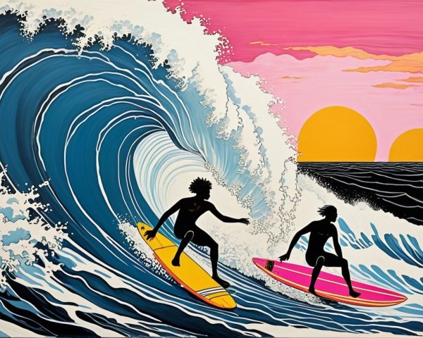 Surfers on Colorful Boards Against Sunset Waves