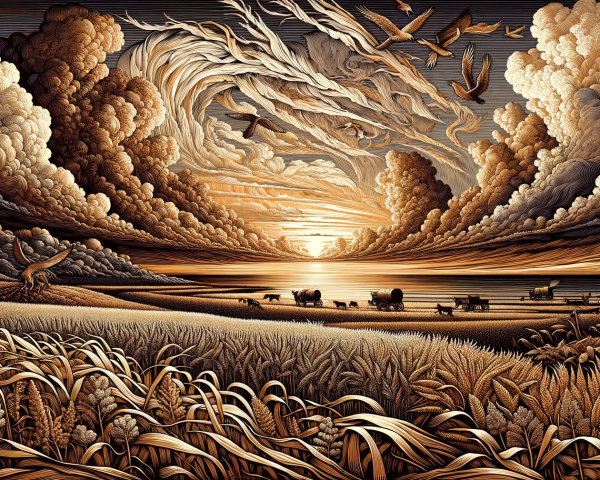Dramatic Sunset Over Tranquil Wheat Field Landscape