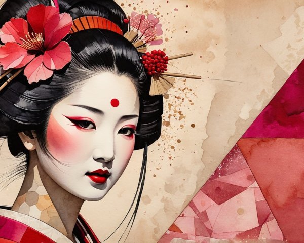 Stylized portrayal of a geisha with floral adornments