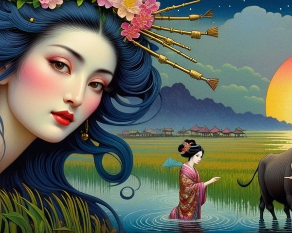 Vibrant Scene of Woman with Blue Hair in Sunset Landscape