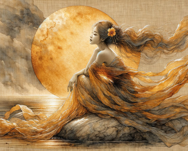 Serene Woman in Ethereal Gown by Tranquil Water