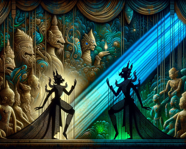 Dramatic Theater Scene with Dancers and Colorful Backdrop