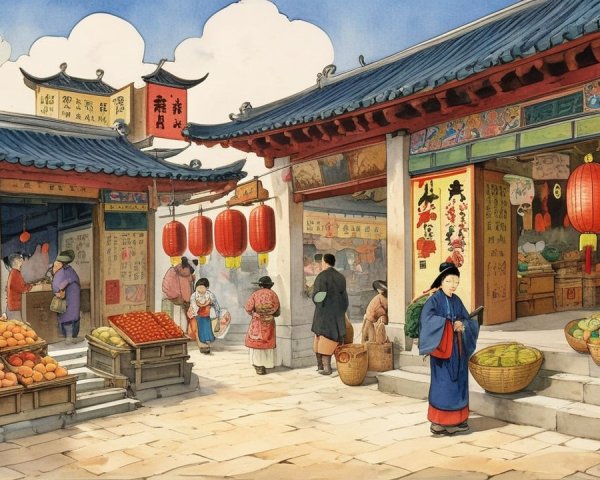 Vibrant Market Scene in Ancient Asian Town