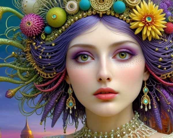 Ethereal Figure with Floral Headdress and Twilight Sky