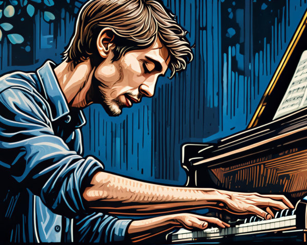 Young Man Playing Piano in Serene Outdoor Setting