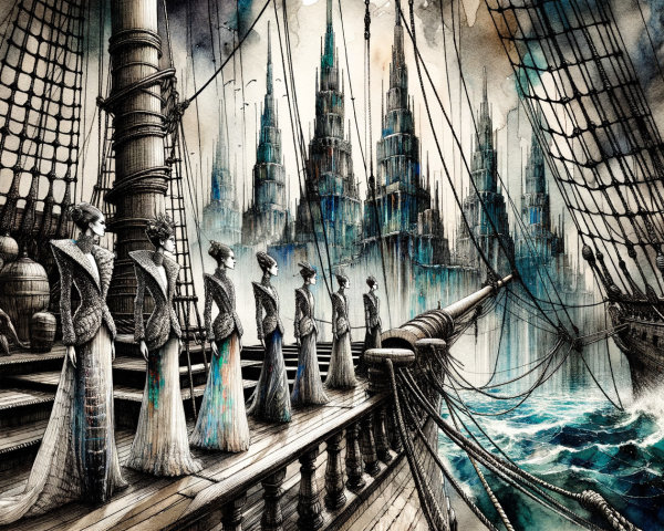 Surreal Maritime Scene with Elegant Figures and Spires