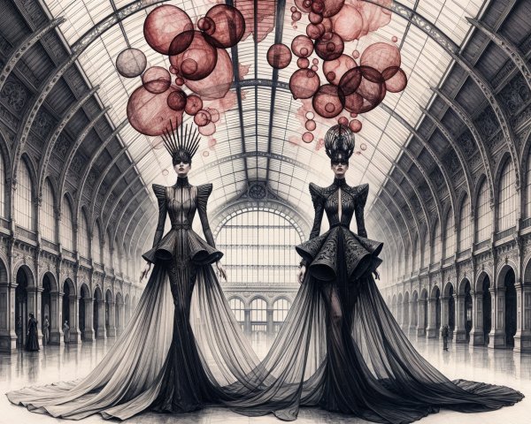 Elegant Figures in Dramatic Gowns in Grand Hall