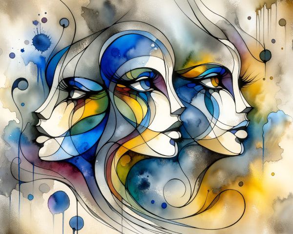Abstract Female Faces in Vibrant Colors and Flowing Lines