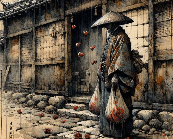 Solitary Figure in Kimono on Rainy Rustic Street