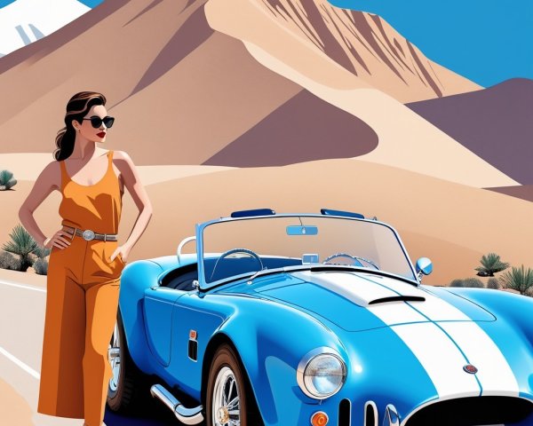 Stylish Woman in Orange Jumpsuit by Classic Sports Car