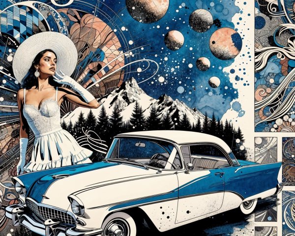 Vintage Car and Glamorous Woman Against Cosmic Mountains