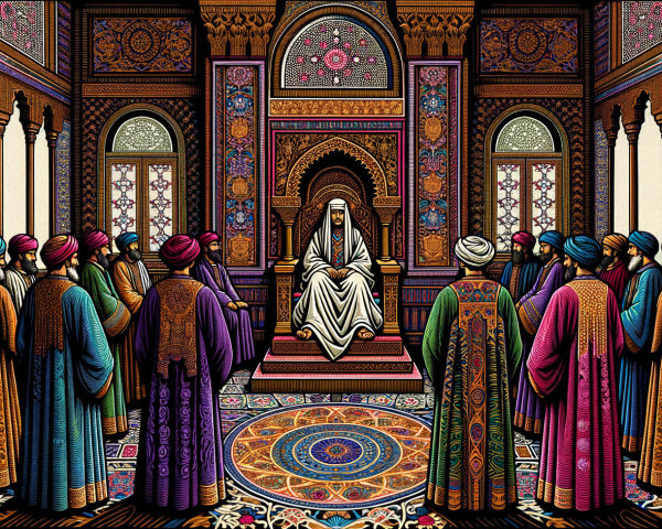 Regal Man on Ornate Throne Surrounded by Attendees