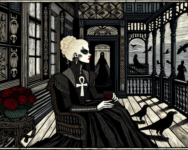 Pale Woman in Vintage Chair on Mysterious Balcony