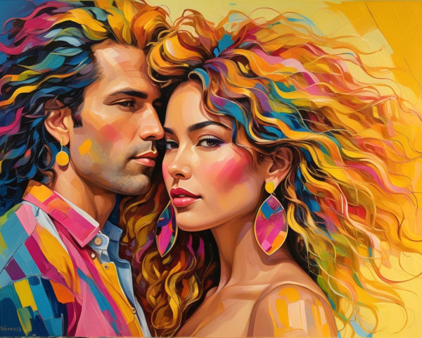 Colorful Close-Up of a Couple with Rainbow Hair