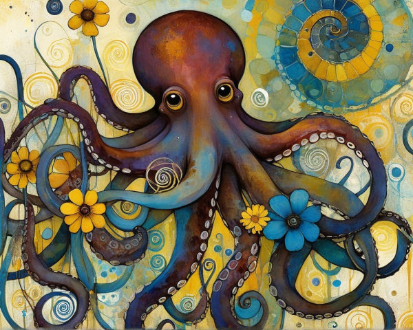 Whimsical Octopus with Vibrant Tentacles and Flowers
