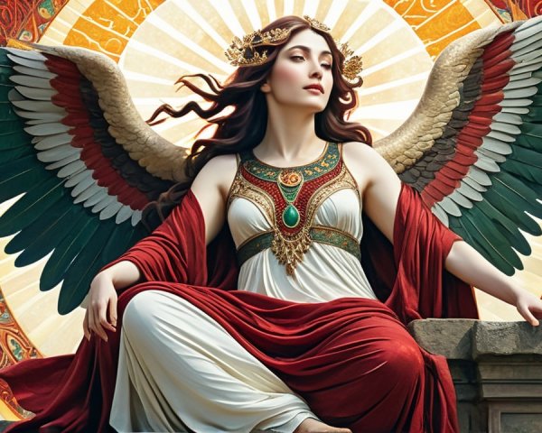Majestic figure with wings and golden tiara details
