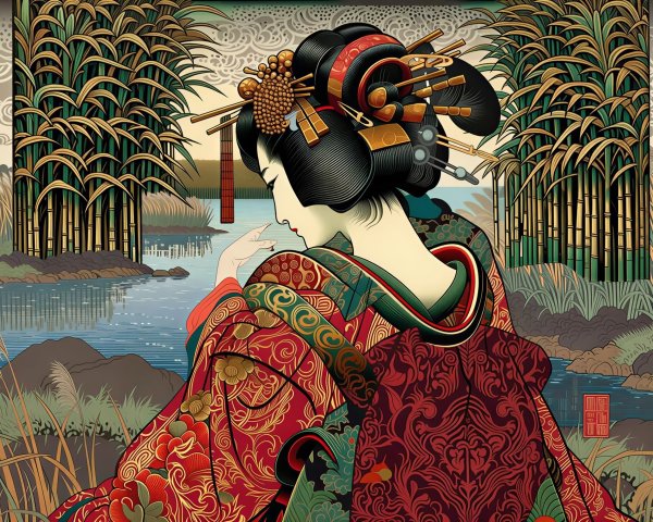 Ukiyo-e Illustration of a Japanese Woman in Kimono