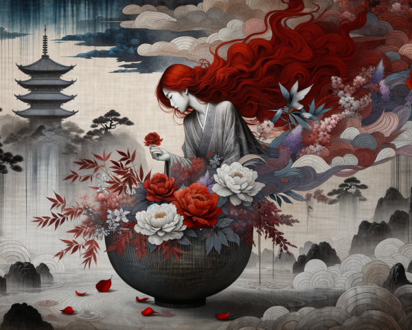 Serene figure with red hair beside ornate flower bowl