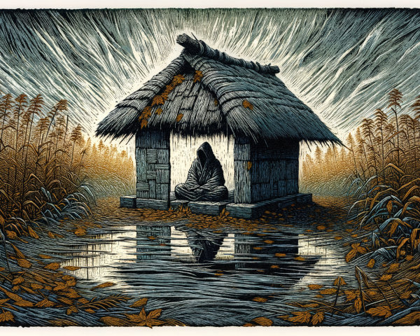 Lone Figure in Mystical Landscape by Thatched Hut