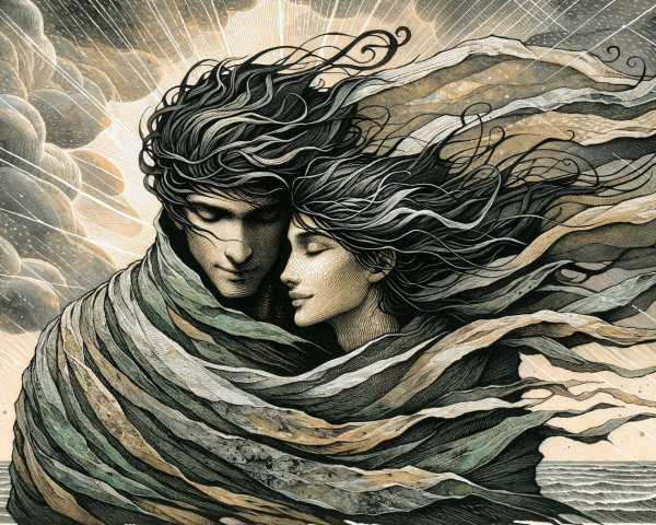 Couple Embracing in Flowing Textured Fabrics
