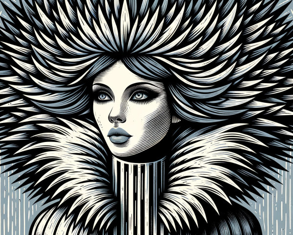 Linocut Folk Art Portrait of a Female Figure