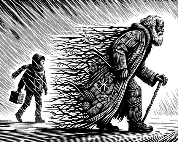 Old Man and Child in Black and White Woodcut Illustration