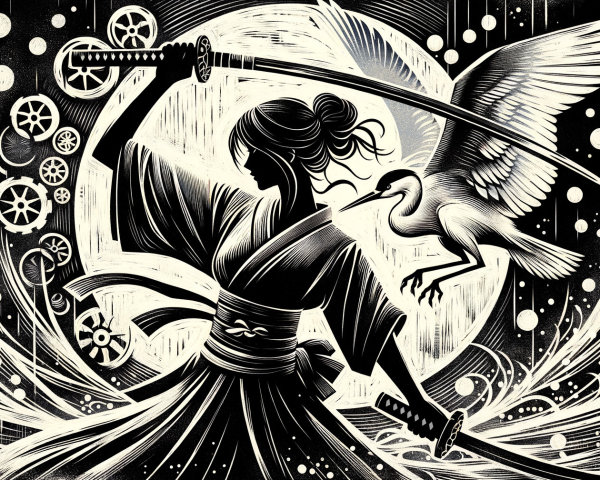Monochromatic Illustration of Warrior and Bird in Motion