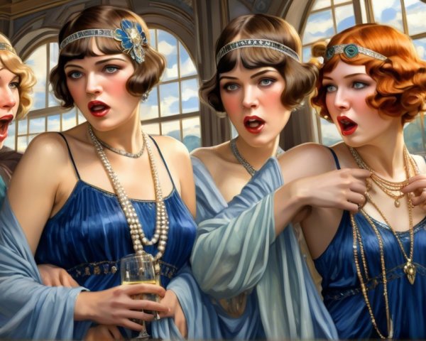 Elegant Women in 1920s Attire with Dramatic Backdrop