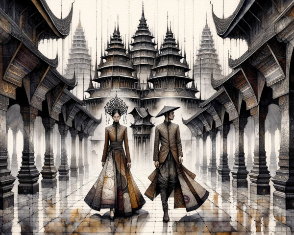 Traditional Figures in Grand Architectural Corridor
