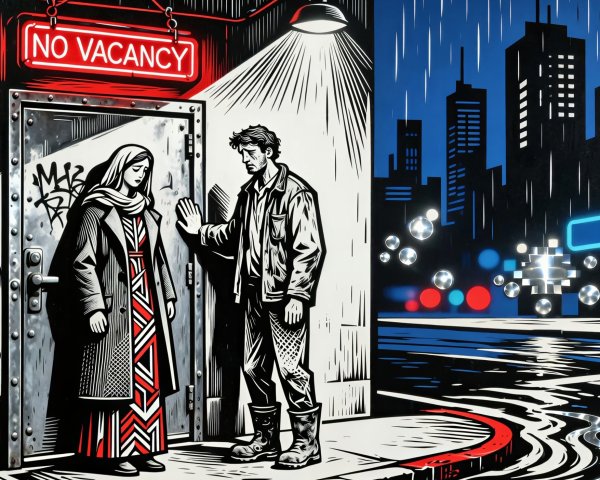 Gritty Graphic Novel Scene with Neon "No Vacancy" Sign