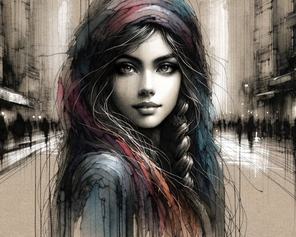 Portrait of a Young Woman with Braided Hair and Scarf