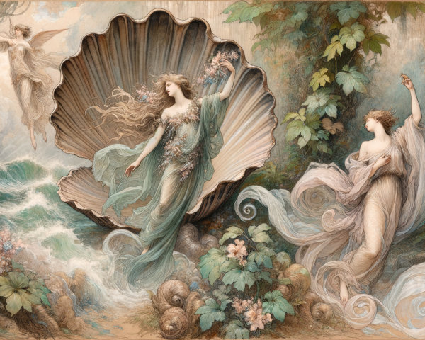 Ethereal Figures and Seashell in Oceanic Landscape