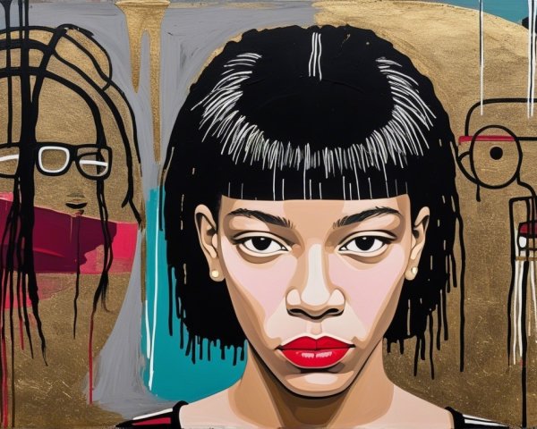 Portrait of a Confident Woman with Abstract Figures