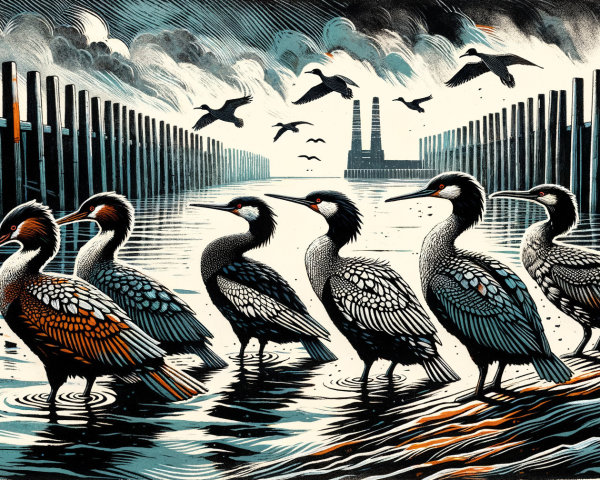 Stylized Scene of Birds by Reflective Water and Pier