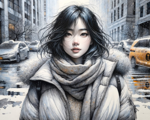 Young woman in oversized coat in snowy cityscape