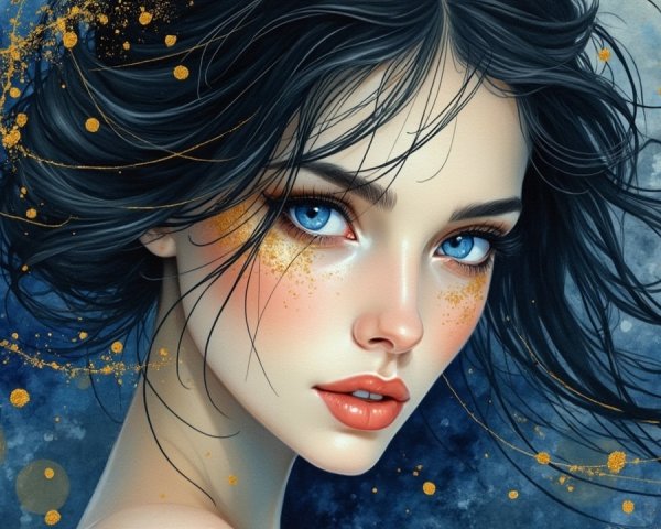 Portrait of a Young Woman with Blue Eyes and Gold Accents