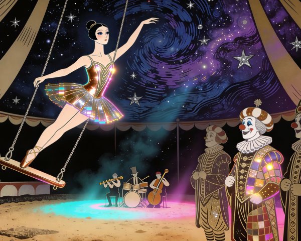 Art Nouveau Illustration of Ballet Dancer and Clowns