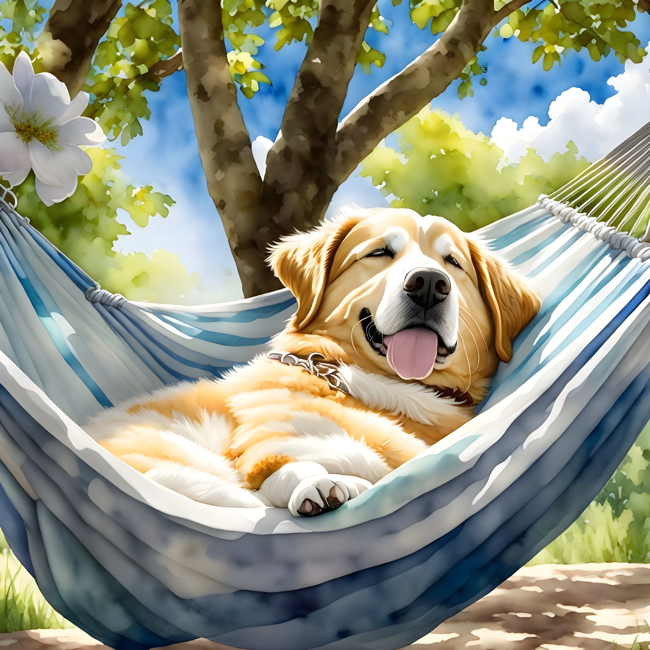 Golden Retriever Relaxing in Hammock Under Trees